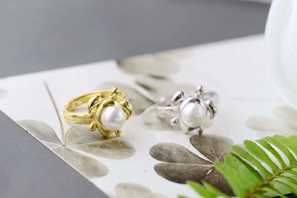 Fashion ring AAA7-8mm natural Japanese white pearl ring 925 silver/adjustable ring mouth